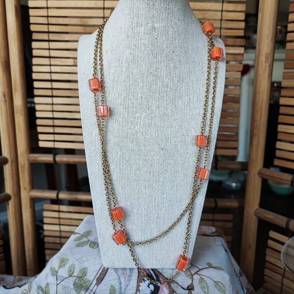Lucite Ice Cube Orange Square Gold Tone Extra Long Necklace Polymer Millifiore - Picture 2 of 7